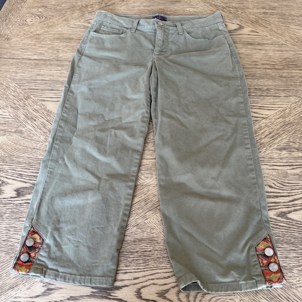 NYDJ Olive Green Cropped Pants Embroidered Hem Button Detail Size 2 - Picture 1 of 14